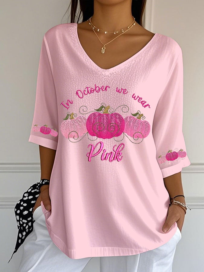 Women's Breast Cancer Print  Casual V-Neck Top