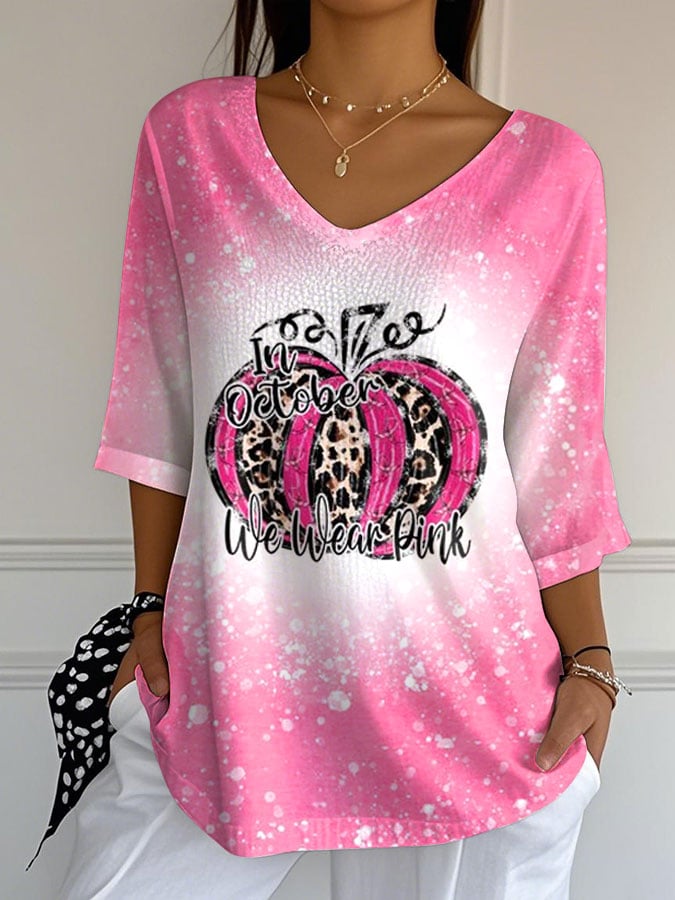 Women's Breast Cancer Print  Casual V-Neck Top