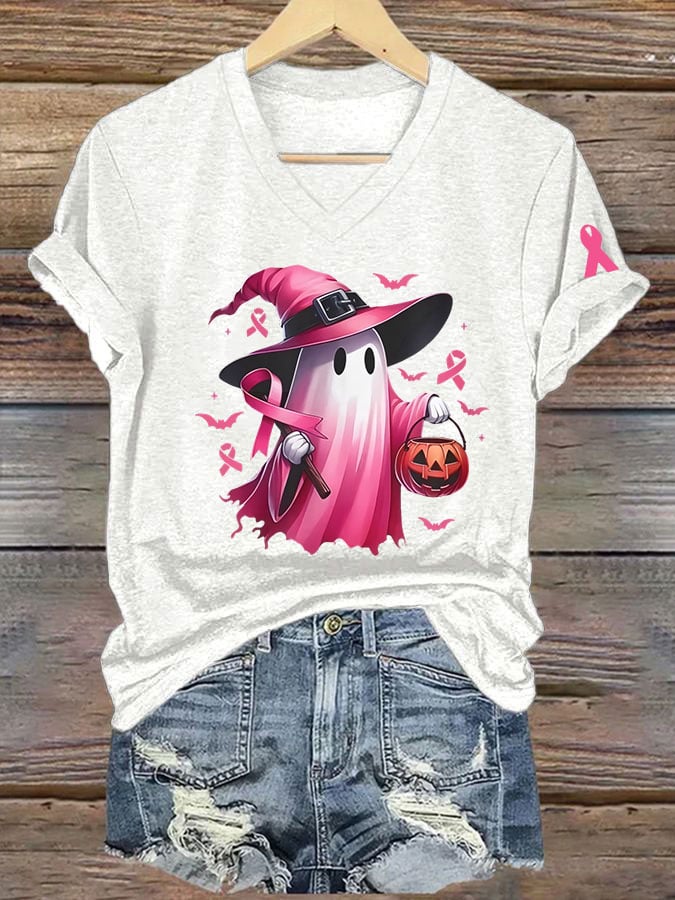 Women's Breast Cancer Awareness Cute Ghost Print V-Neck T-Shirt