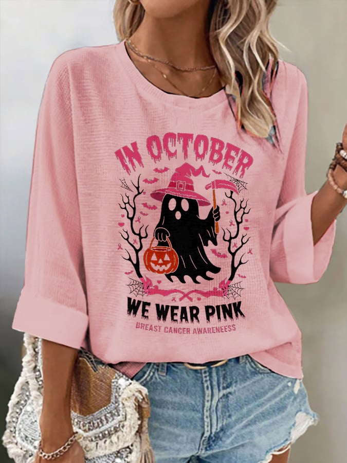 Women's casual October we wear pink waffle ghost long sleeve T-shirt