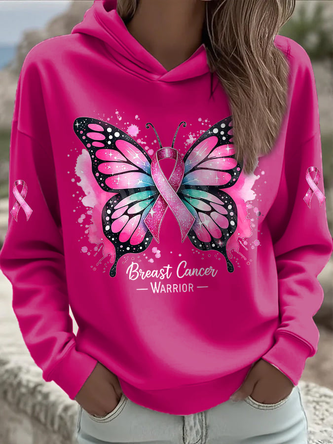 Women's Casual Pink Butterfly Ribbon Hoodie