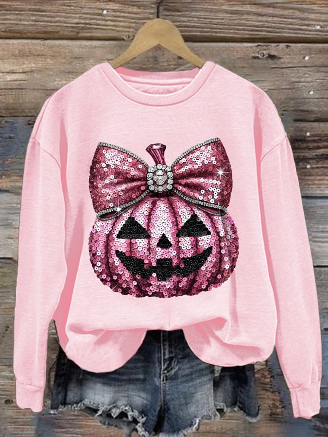 Women's Casual Pink Sequin Pumpkin Sweatshirt