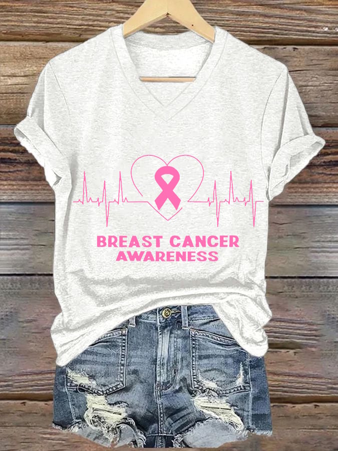 Women's Breast Cancer Awareness Print V-Neck T-Shirt