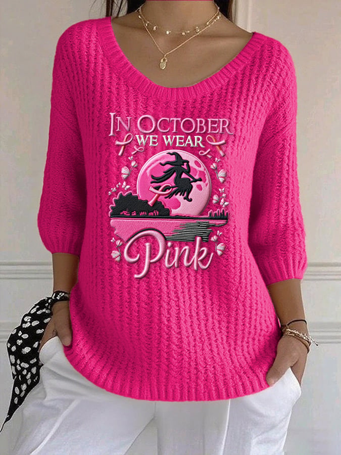 Women's casual retro pink October we wear pink witch sweater