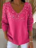 Women's Casual Pink Cashew Flower Long-Sleeved Top