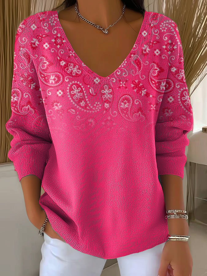 Women's Casual Pink Cashew Flower Long-Sleeved Top