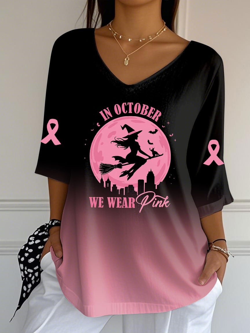 Women's Breast Cancer Witch Print Jacquard Casual V-Neck Top
