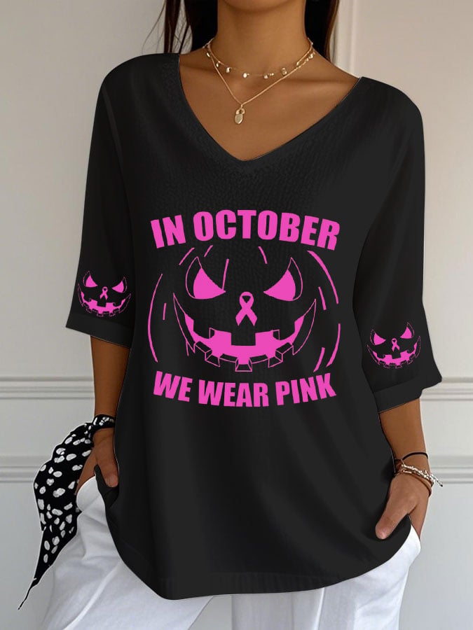 Women's Breast Cancer Print Casual V-Neck Top