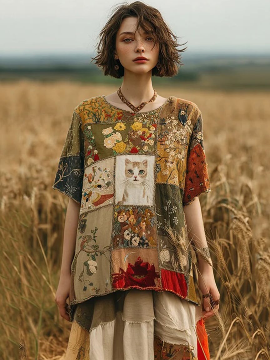 Women's Cute Cat Floral Faux Embroidery Print Top