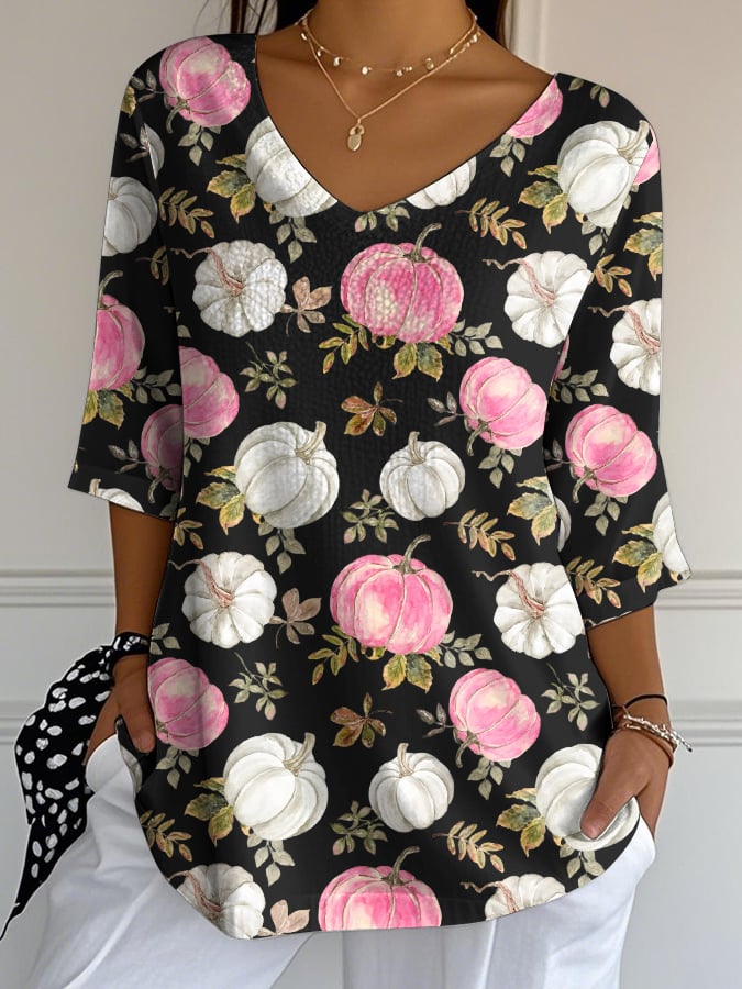 Women's Casual Pink Patchwork Print Pumpkin Bubble Wrinkle Top