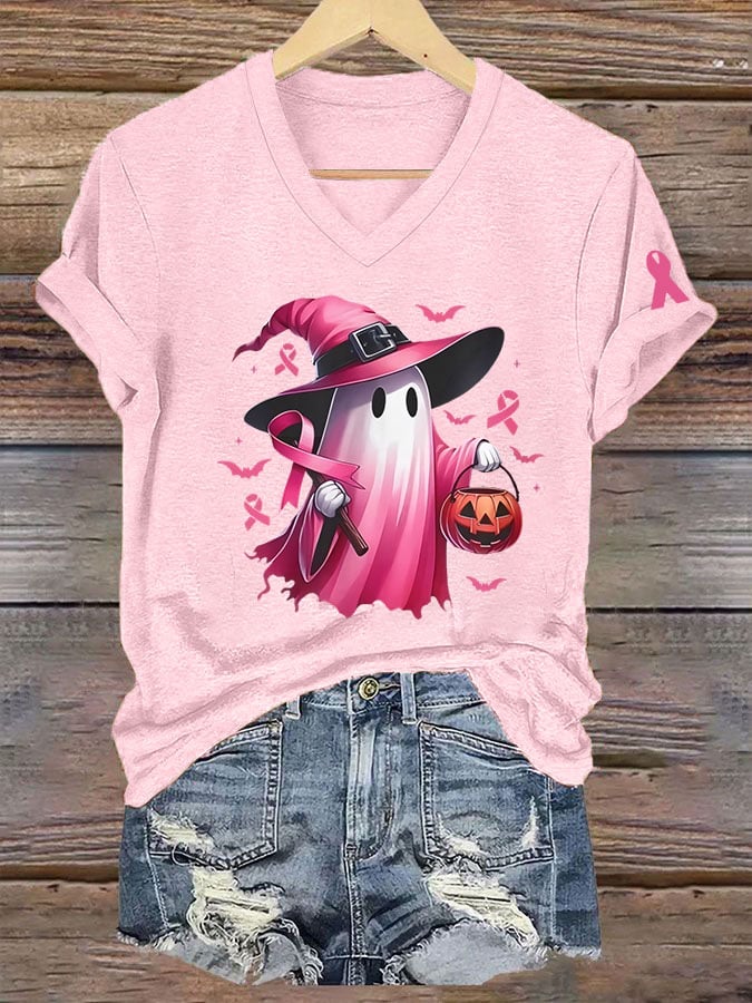 Women's Breast Cancer Awareness Cute Ghost Print V-Neck T-Shirt