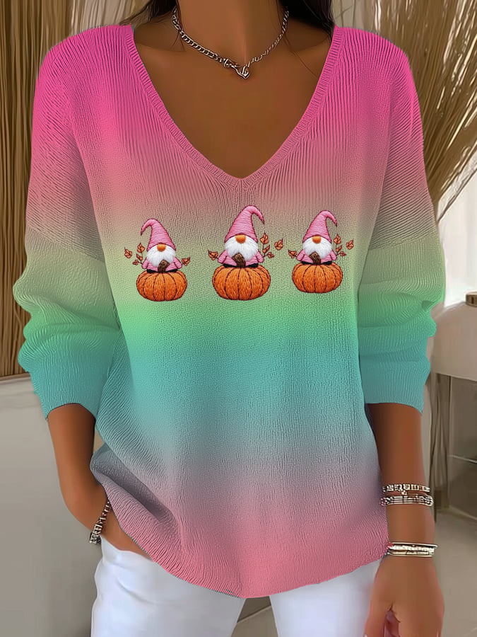 Women's Casual Gradient Pink Autumn Striped Long Sleeve Top