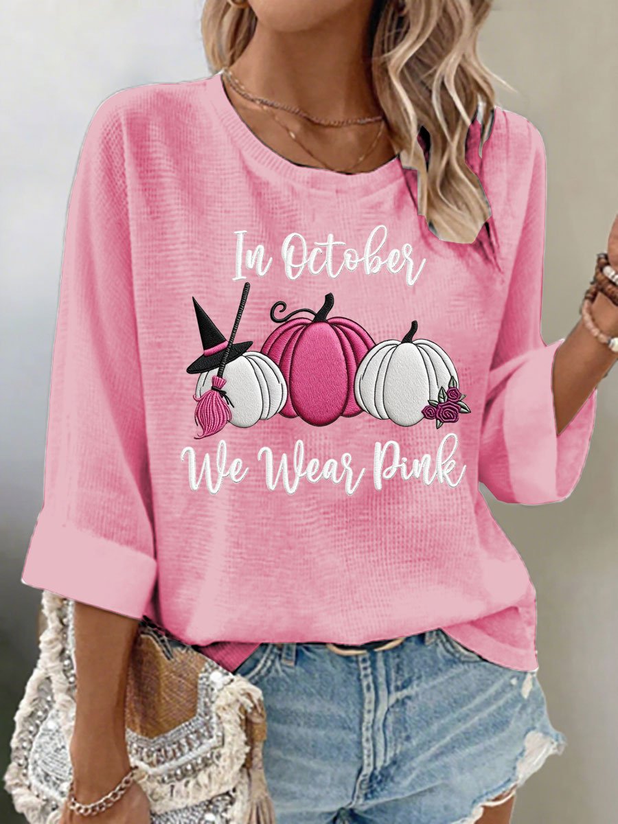 Women's casual pink pumpkin waffle long-sleeved T-shirt