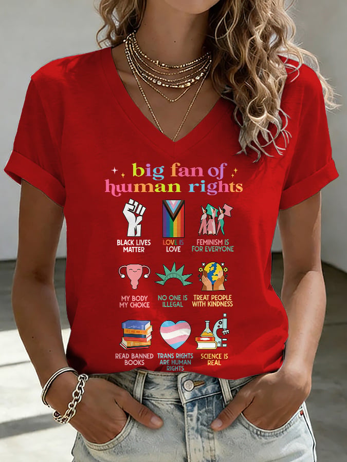 V-Neck Retro Big Fan Of Human Rights Print T-Shirt
