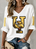 Women'S Rugby Patterned Waffle V-Neck Top