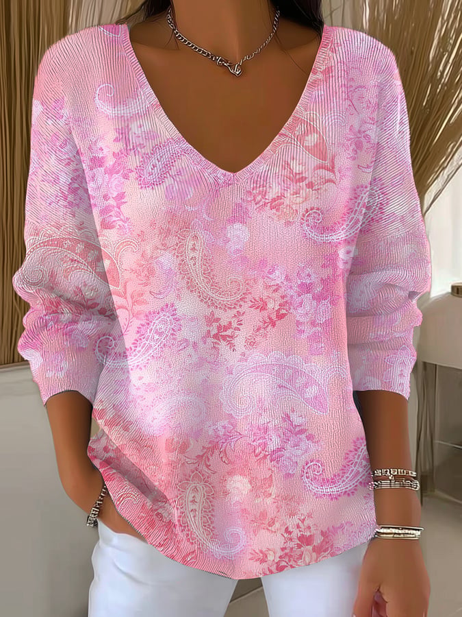 Women's Casual Pink Cashew Flower Long-Sleeved Top