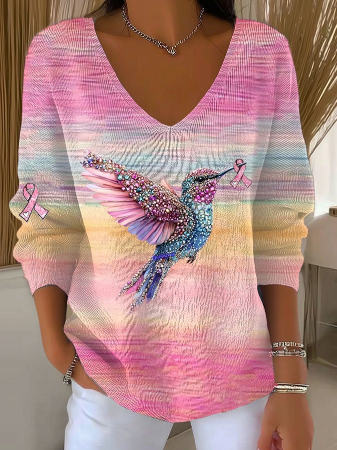 Women's Casual Gradient Breast Cancer Hummingbird Ribbon Print Sweater