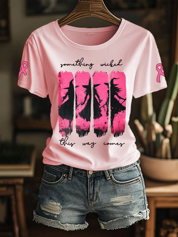Women's Something Wicked This Way Comes Breast Cancer Awareness Printed T-Shirt