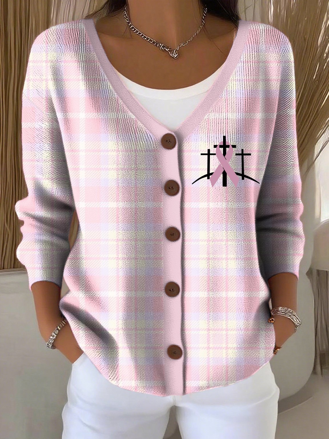 Women's Casual Pink Breast Cancer Awareness Print Cardigan