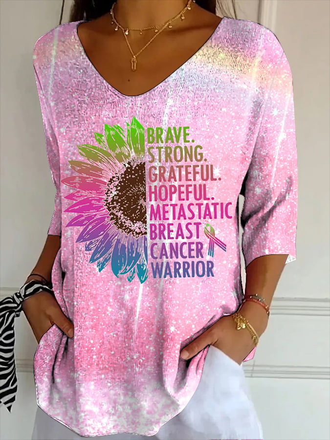 Brave, Strong, Grateful, Hopeful Metastatic Breast Cancer Fighter Women's Printed T-shirt