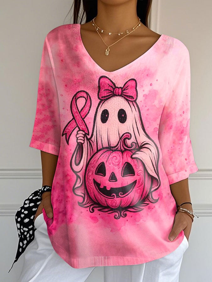 Women's Breast Cancer Print V-Neck T-Shirt