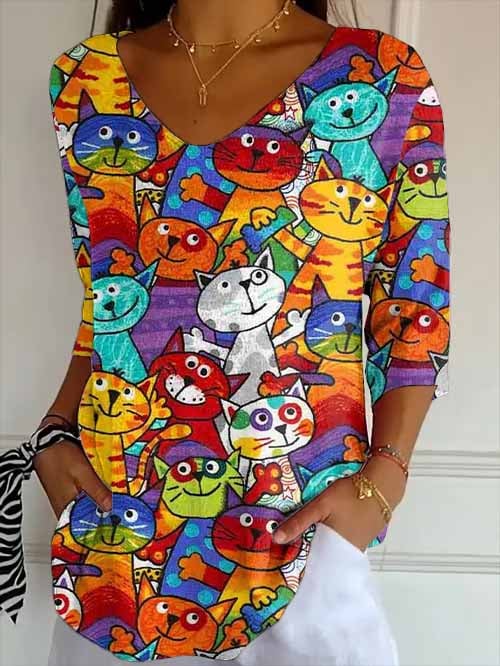 Women's Retro Funny Cat Print Shirt