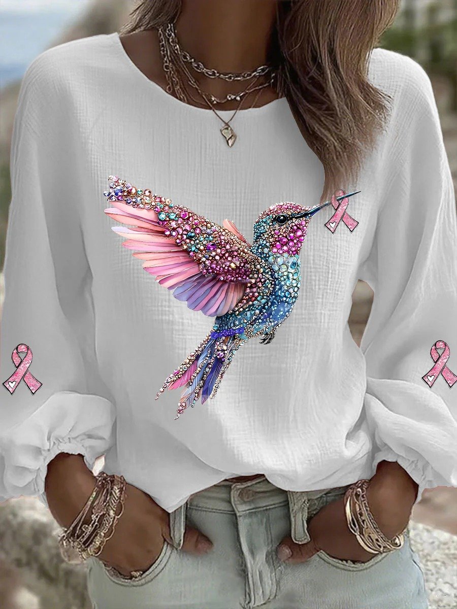 Women's Hummingbird Ribbon Print Cotton and Linen Top