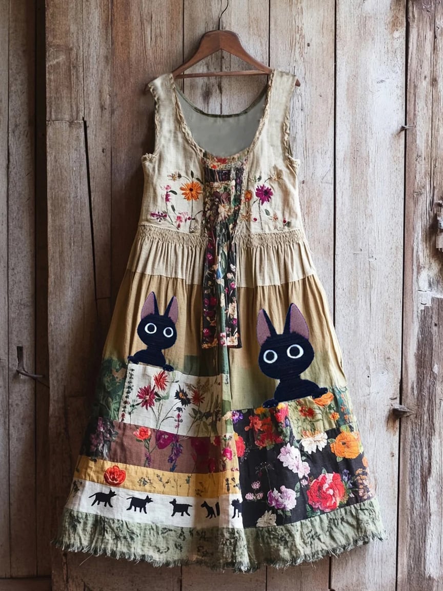 Women's Cute Cat Floral Faux Embroidery Print Sleeveless Round Neck Dress