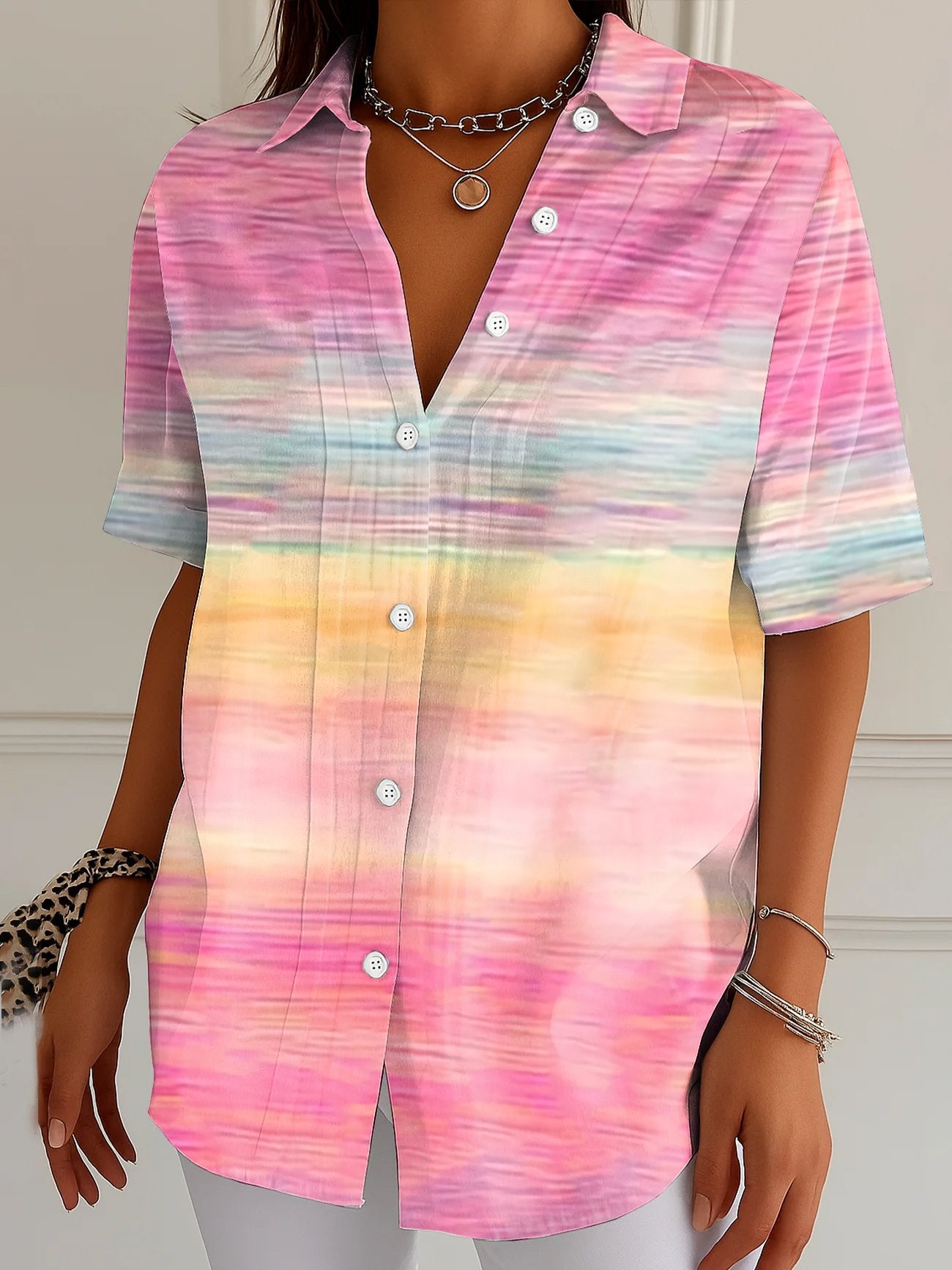 Women's Breast Cancer Awareness Print Button Design Casual Shirt