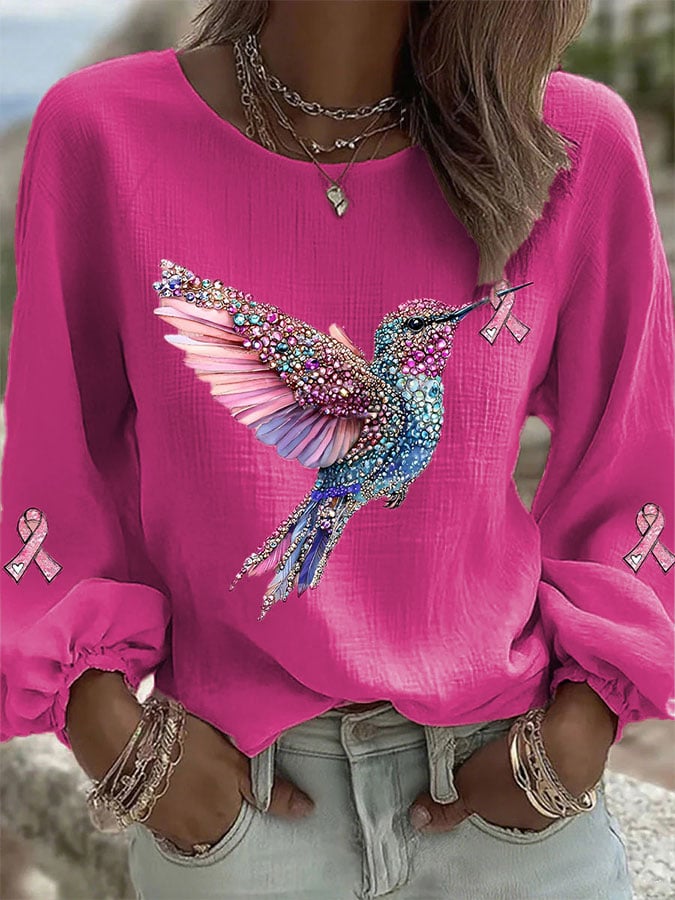 Women's Hummingbird Ribbon Print Cotton and Linen Top