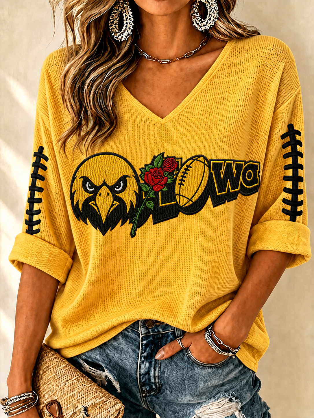 Women'S Football Print Waffle V-Neck Top