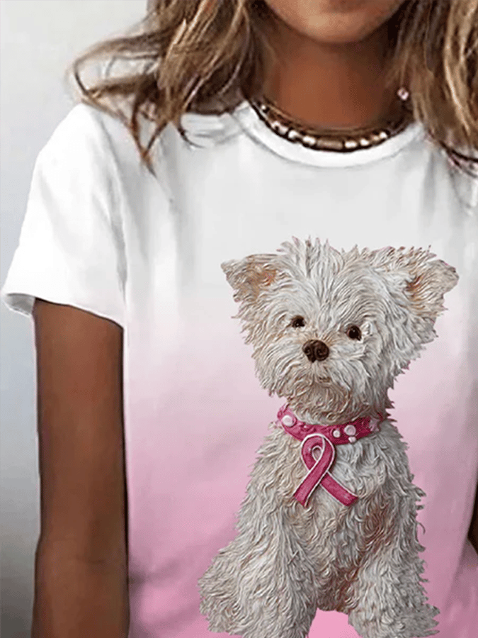 Women's Casual Breast Cancer Awareness Fans with Puppy Print T-Shirt
