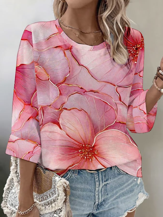 Women's summer three-dimensional gold and pink floral casual top