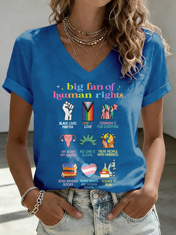 V-Neck Retro Big Fan Of Human Rights Print T-Shirt