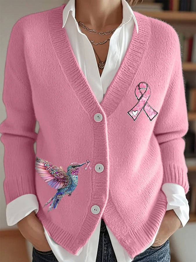 Women's Breast Cancer Sweater Hummingbird Ribbon Print Cardigan