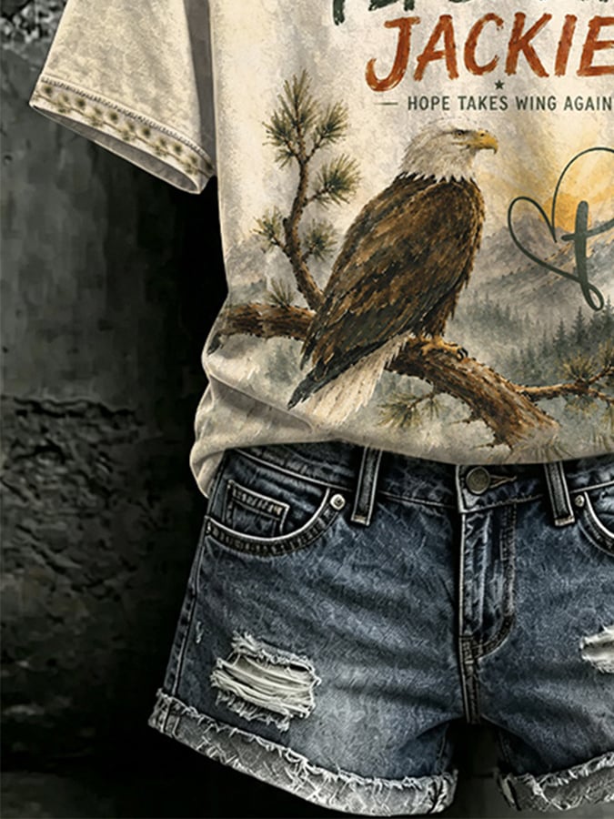 V Neck Retro Jackie Fly Strong, Hope Takes Wing Again Print T-Shirt