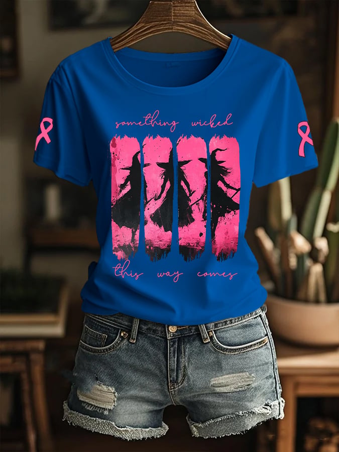 Women's Something Wicked This Way Comes Breast Cancer Awareness Printed T-Shirt