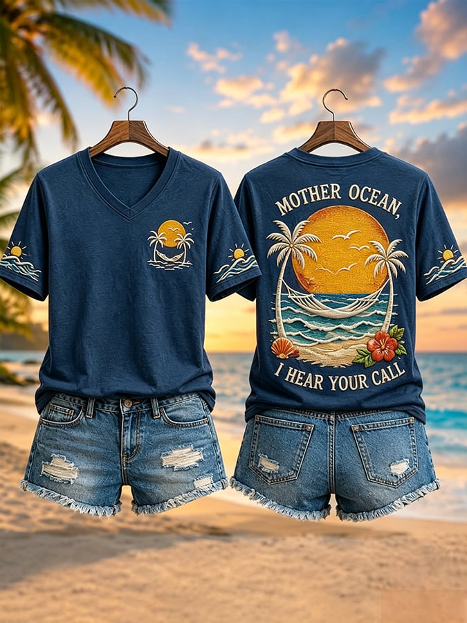 Women's Mother Ocean I Have Heard You Call Print V Neck T-Shirt