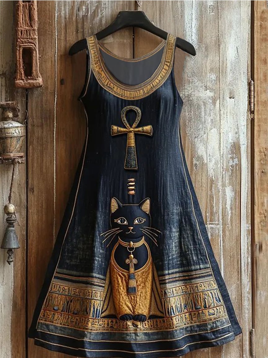 Women's Egyptian Kitten Cross Print Sleeveless Round Neck Dress
