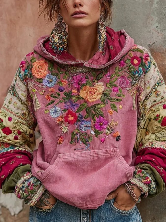 Women's Floral Faux Embroidery Printed Hooded Sweatshirt