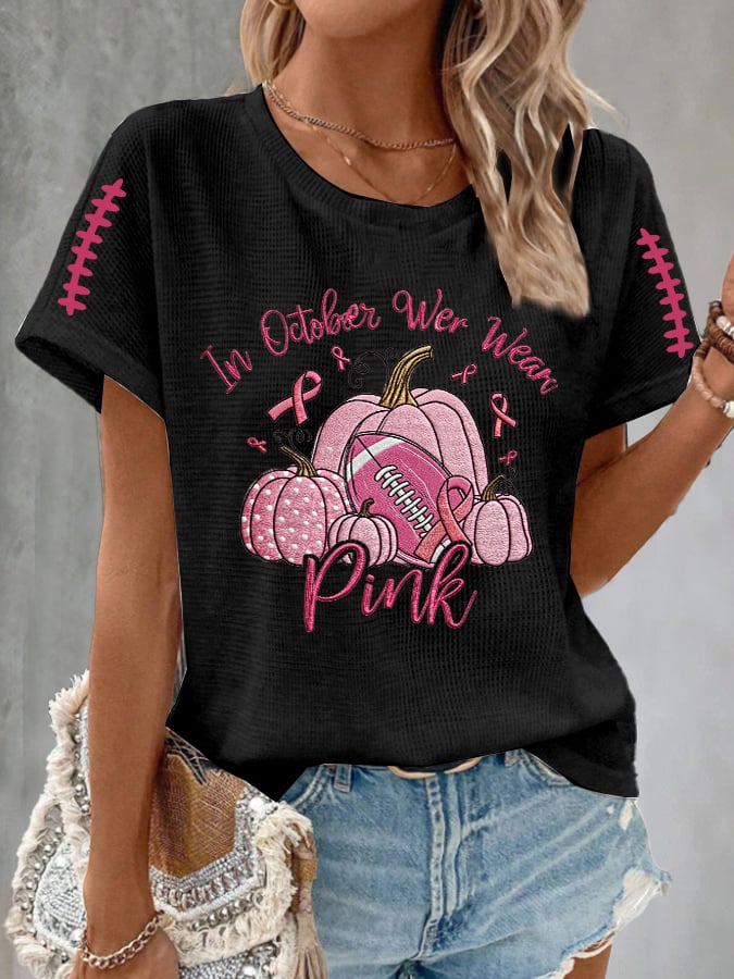 Women's Casual October We Wear Pink Rugby Pumpkin Waffle T-shirt