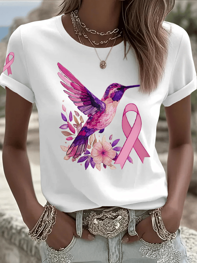 Women's Breast Cancer Hummingbird Print Crew Neck T-Shirt