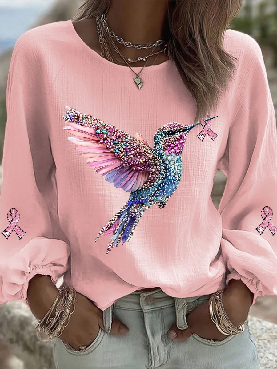 Women's Hummingbird Ribbon Print Cotton and Linen Top