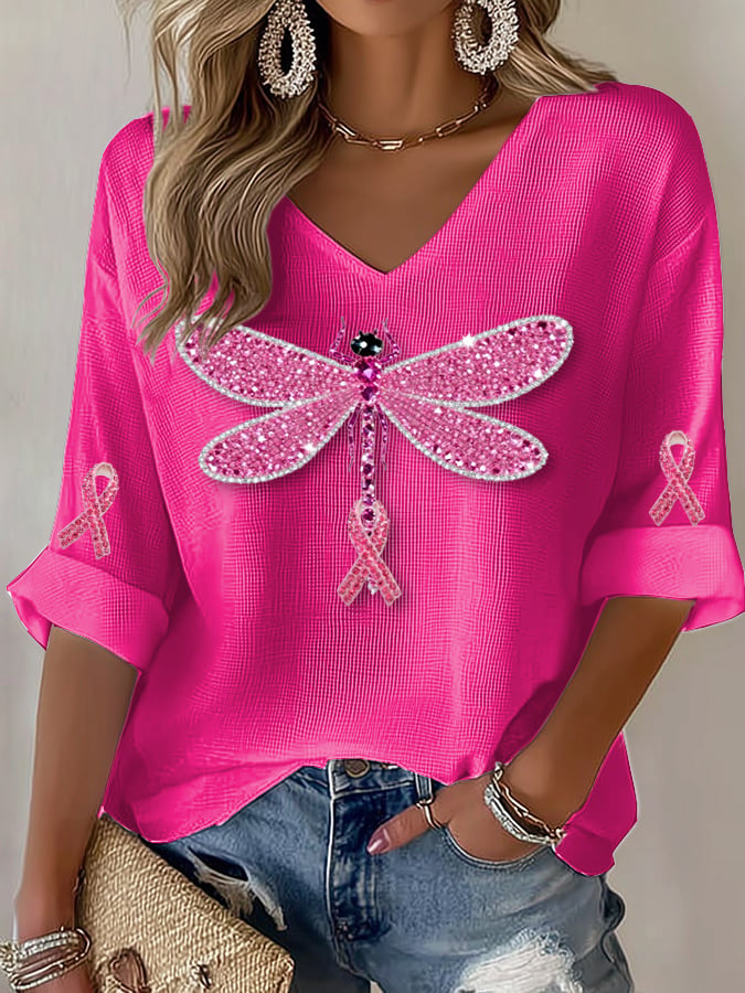 Women's Casual Pink Dragonfly Ribbon Hot-Stitching Rhinestone Print T-Shirt