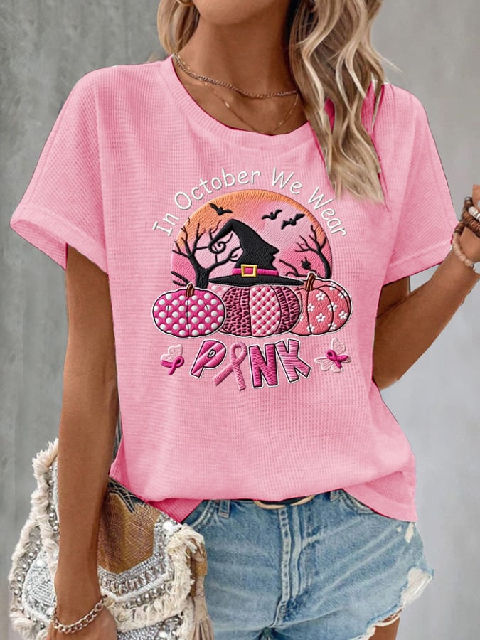 Women's Casual October We Wear Pink Ghost Waffle T-shirt