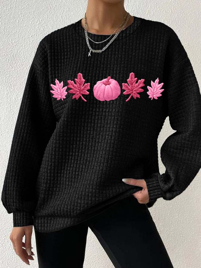 Women's casual pink pumpkin maple leaf checkered sweatshirt