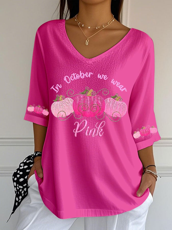 Women's Breast Cancer Print  Casual V-Neck Top