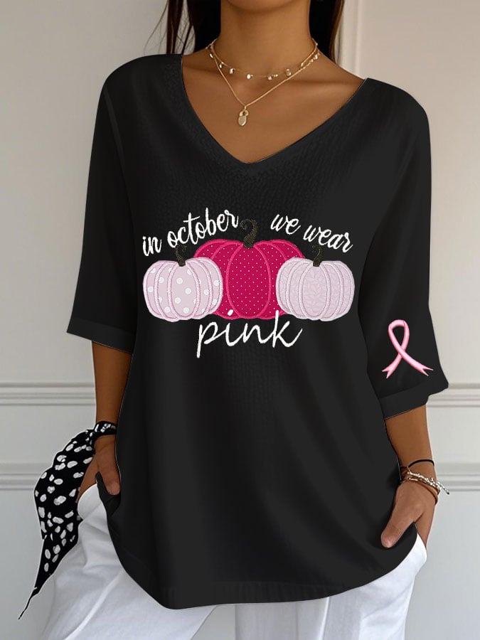 Women's Breast Cancer Print Casual V-Neck Top