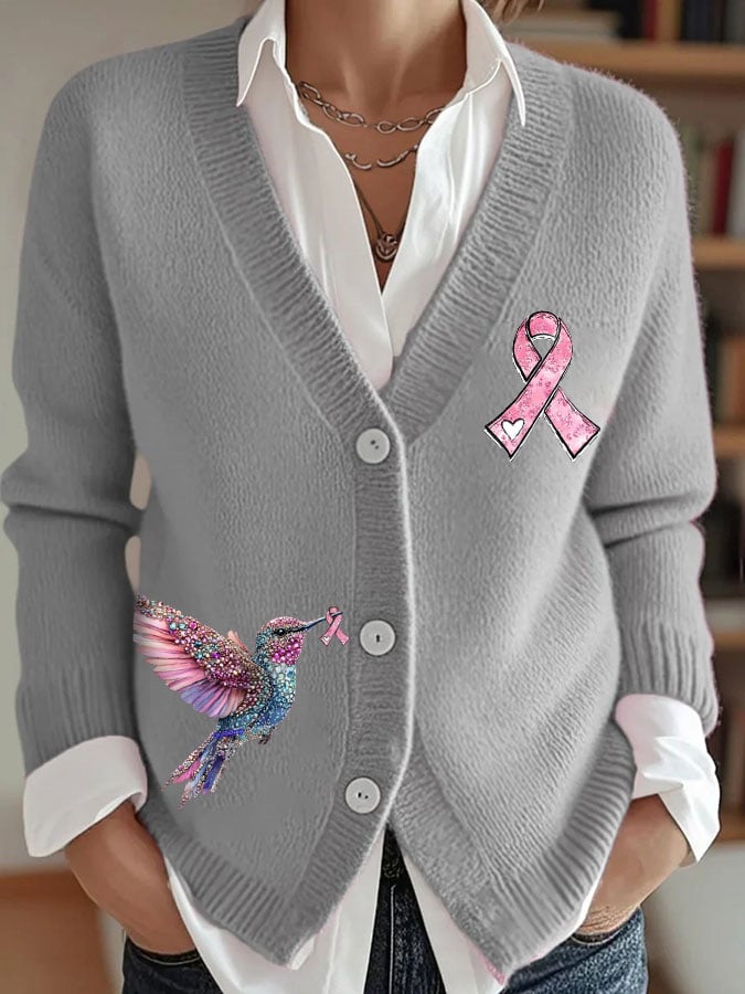 Women's Breast Cancer Sweater Hummingbird Ribbon Print Cardigan