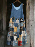 Women's Vintage Cute Cat Print Linen Blend Tank Dress